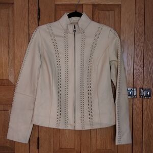 Mark Alan tan lightweight leather jacket with woven details